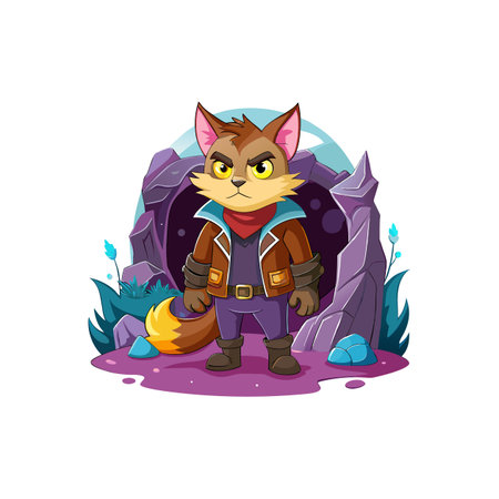 Cartoon Fox Character Explorer Standing in Front of Mysterious Caveのイラスト素材