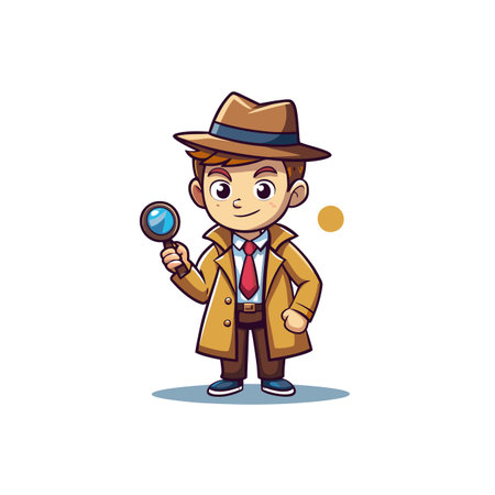 Cartoon detective with magnifying glass and trench coatのイラスト素材