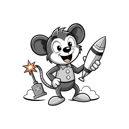Cartoon mouse character holding rocket and detonator happilyのイラスト素材