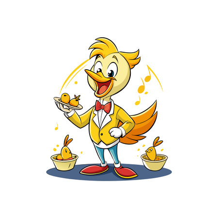 Cartoon duck waiter serving fruits with musical notesのイラスト素材