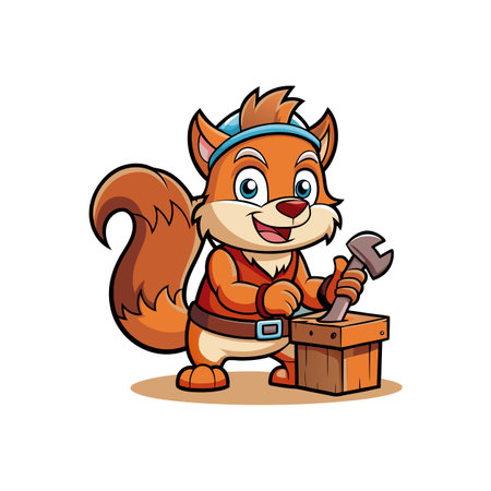 Cartoon squirrel hammering in wood with a toolのイラスト素材