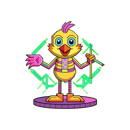 Pixel Art Chicken Character with Futuristic Geometric Accentsのイラスト素材