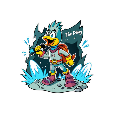 Cartoon bird character exploring a mysterious cave with gearのイラスト素材