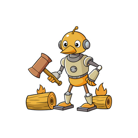 Bird Robot Chopping Wood with a Wooden Malletのイラスト素材