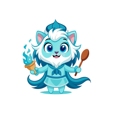 Animated Blue Cat Chef Holding Flaming Ice Cream Coneのイラスト素材