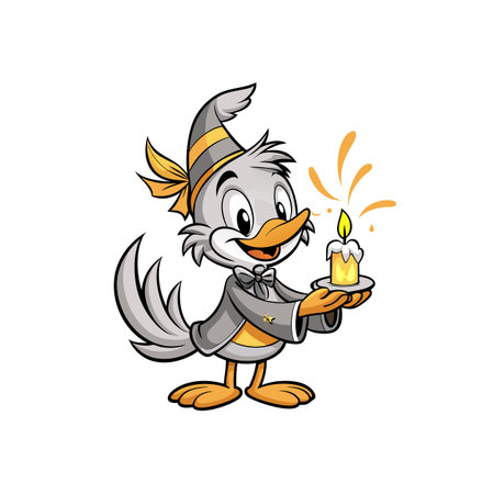 Cartoon bird wearing wizard hat holding a candleのイラスト素材