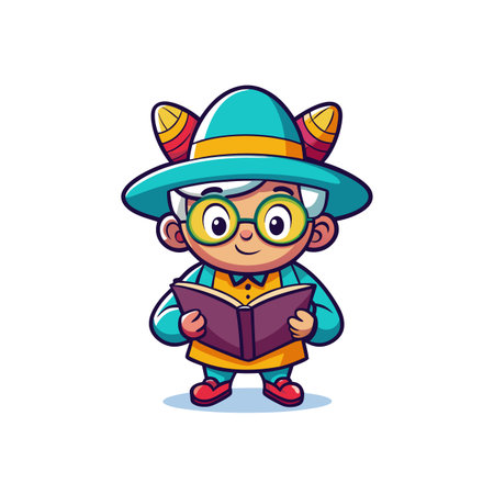 Cartoon student character reading book with colored clothing and hatのイラスト素材
