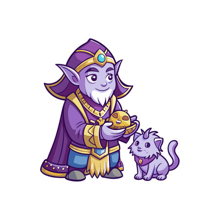 Smiling wizard character presenting golden idol to unicorn catのイラスト素材