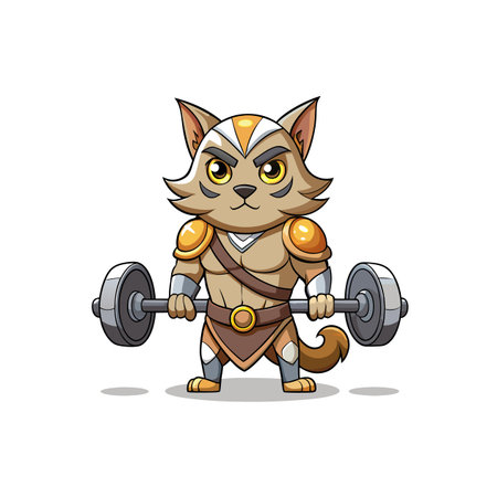 Cartoon cat weightlifter lifting barbell with warrior outfitのイラスト素材