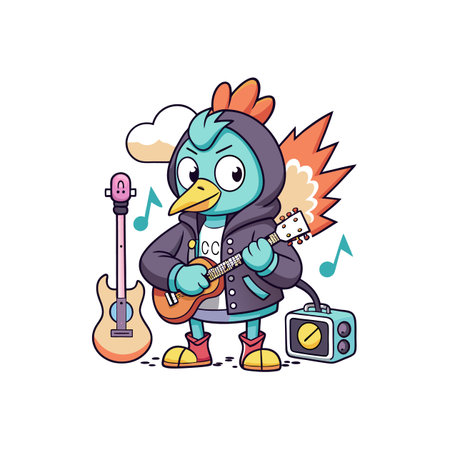 Cool cartoon rooster playing guitar with musical instruments aroundのイラスト素材