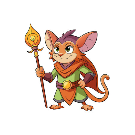 Cartoon mouse wizard holding staff wearing green tunicのイラスト素材