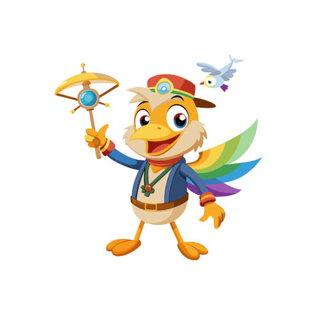 Cartoon bird character waving with umbrella and flying friendのイラスト素材