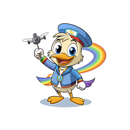 Cartoon Duck Pilot Illustration with Toy Airplane and Rainbowのイラスト素材