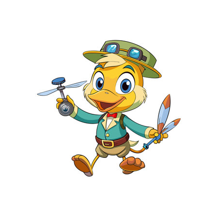 Cartoon duck aviator with propellers and drone on whiteのイラスト素材