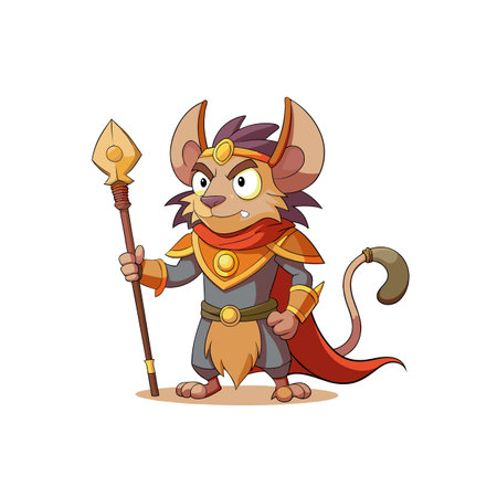 Cartoon mouse character with spear in warrior attireのイラスト素材