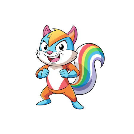 Cartoon Rainbow Squirrel Character Posing with Fists Up Designのイラスト素材