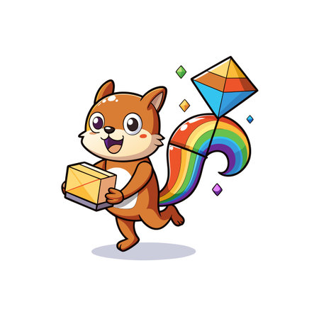 Cheerful cartoon squirrel delivering package with rainbow tail and gemsのイラスト素材