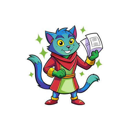 Cartoon cat character holding papers with green sparkle effectのイラスト素材