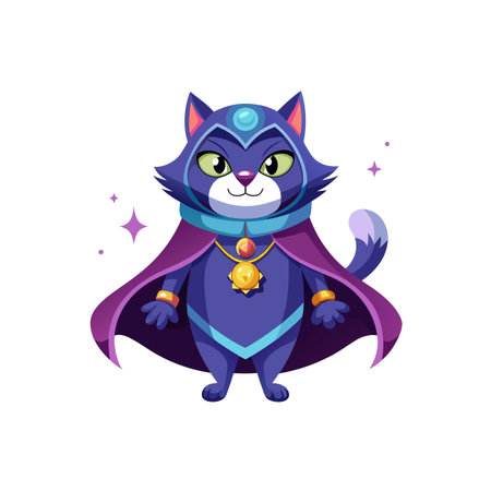 Cartoon cat wizard standing with cape, robe and amuletのイラスト素材