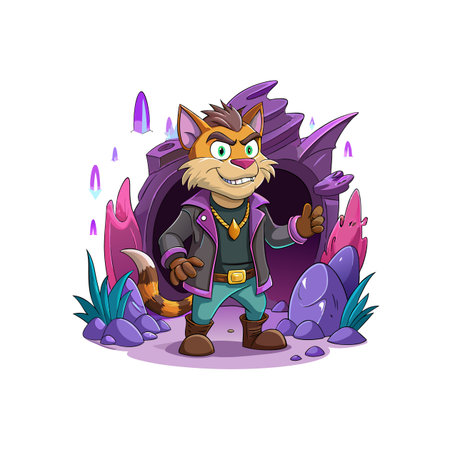 Confident cartoon cat character poses in a stylized landscapeのイラスト素材