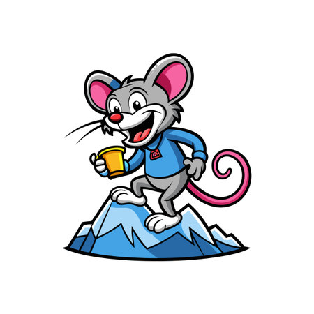 Cartoon mouse conquers snowy mountain with yellow coffee cupのイラスト素材