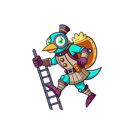 Cartoon steampunk bird with ladder, vintage adventure conceptのイラスト素材