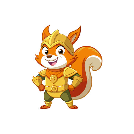Cartoon squirrel character in golden armor standing heroicallyのイラスト素材