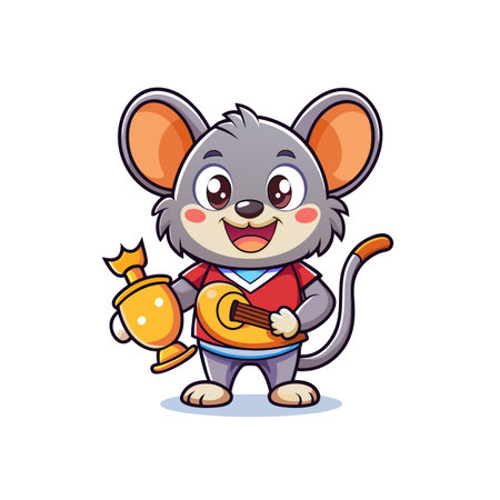 Cartoon mouse winner illustration with trophy and small guitarのイラスト素材