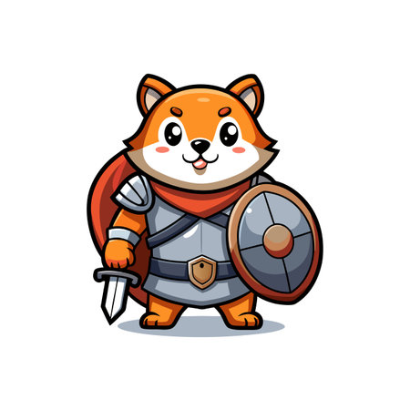 Cute cartoon fox warrior with shield and swordのイラスト素材