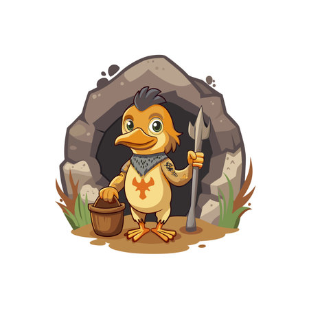 Cartoon bird character with spear standing outside a caveのイラスト素材