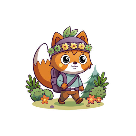 Cartoon fox hiking with backpack in green forest sceneのイラスト素材