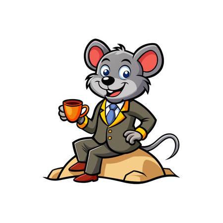 Cartoon mouse in suit holding coffee cup sits confidentlyのイラスト素材