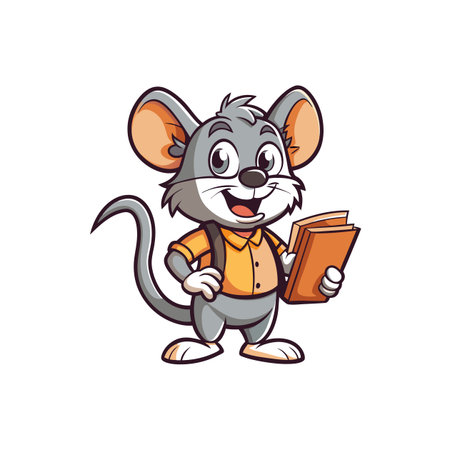 Cute cartoon mouse character reading book with backpackのイラスト素材