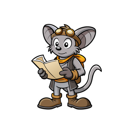 Cartoon mouse character reading a book with explorer outfitのイラスト素材
