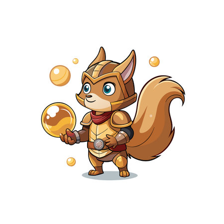 Cute Cartoon Squirrel Warrior Holding a Golden Orb Illustrationのイラスト素材