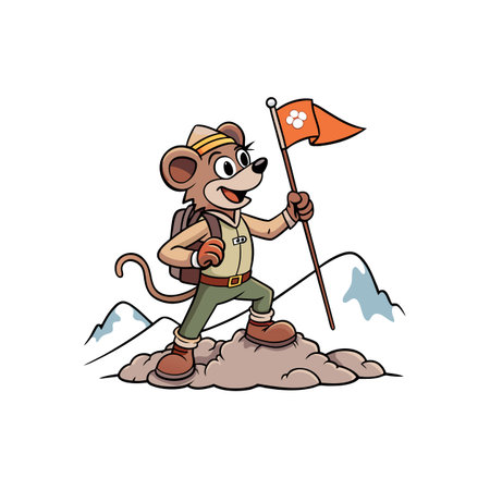 Cartoon mouse climber with flag at snowy mountain topのイラスト素材