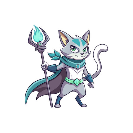Cartoon cat wizard character holding a magical staffのイラスト素材