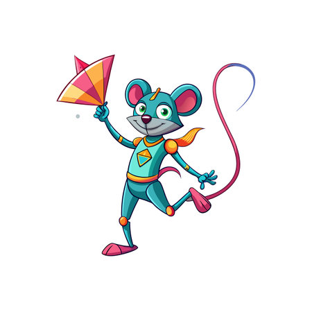 Cartoon mouse runs with a kite in graphic illustrationのイラスト素材