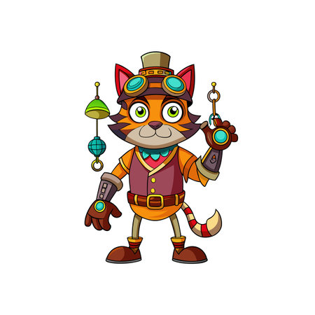 Cartoon Steampunk Cat Character in Full Body Viewのイラスト素材