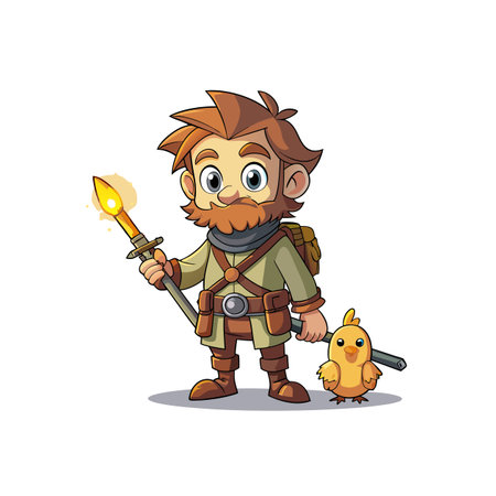 Cartoon adventurer with a torch and small chick companionのイラスト素材