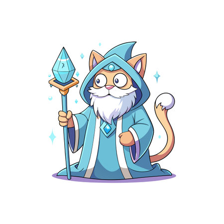 Cartoon Cat Wizard holding crystal staff with a funny expressionのイラスト素材