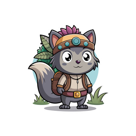 Adventurer cat with backpack ready to explore the forestのイラスト素材