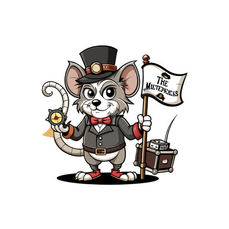 Cartoon Mouse in Steampunk Outfit Holds Flag and Compassのイラスト素材