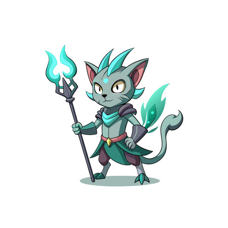 Magical cat character holding glowing staff in cartoon styleのイラスト素材