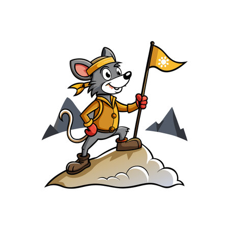 Cartoon mouse proudly plants flag on snowy mountain peakのイラスト素材