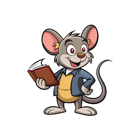 Cartoon mouse reading a book with a happy expressionのイラスト素材
