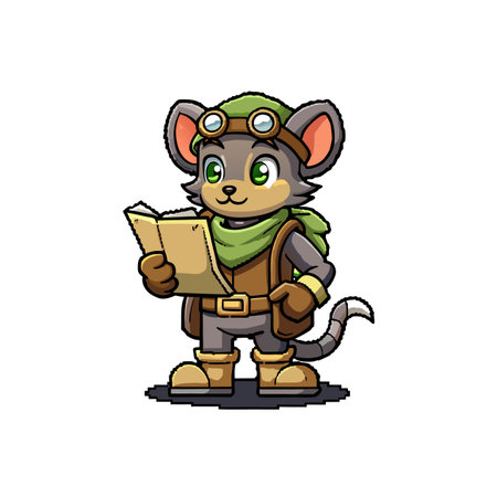 Cartoon mouse adventurer reading map, exploration themed illustrationのイラスト素材