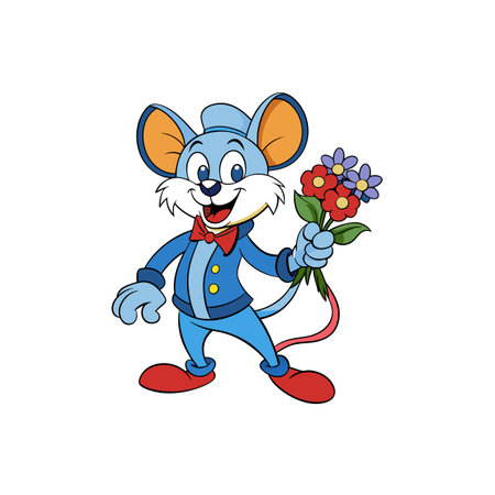 Cartoon mouse with flowers, gift of love and affectionのイラスト素材