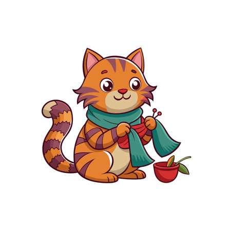 Charming cartoon cat knitting a scarf with a potのイラスト素材