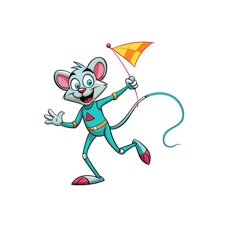 Joyful Cartoon Mouse Running with Flag Illustration on Whiteのイラスト素材